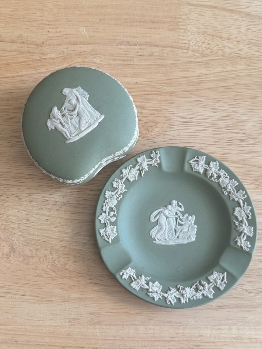 Wedgwood Celadon Green Jasperware Cupid Vanity Set Bean Box and Trinket Pin Dish